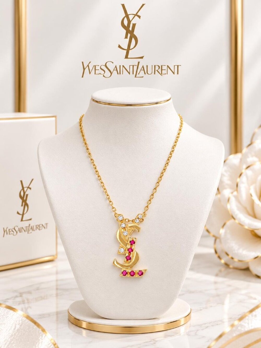 Authentic Saint Laurent YSL Gold Tone Red Crystal Logo Pendant Necklace